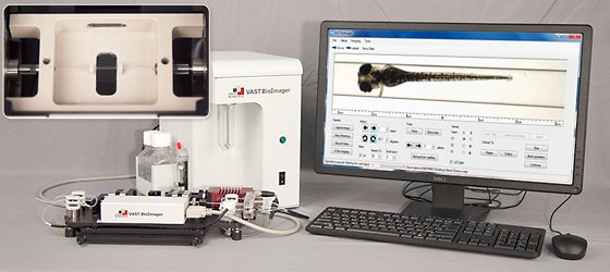 Fig. 1: Base VAST BioImager System. Inset: close-up of capillary detail.